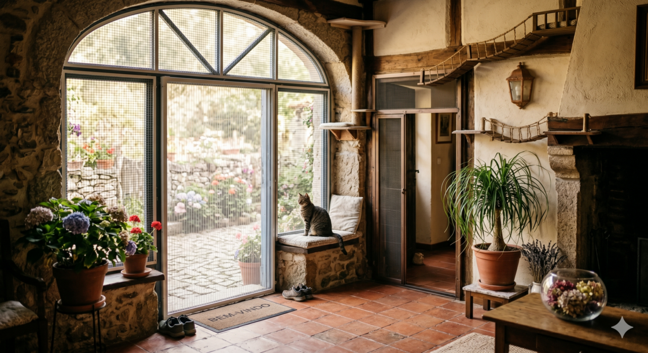 Sala de estar adaptada para que o gato não fuja de casa