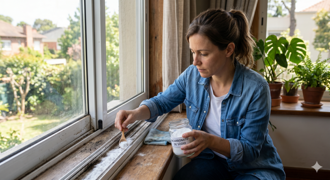 Limpe trilhos de janela com bicarbonato de sódio e papel filme