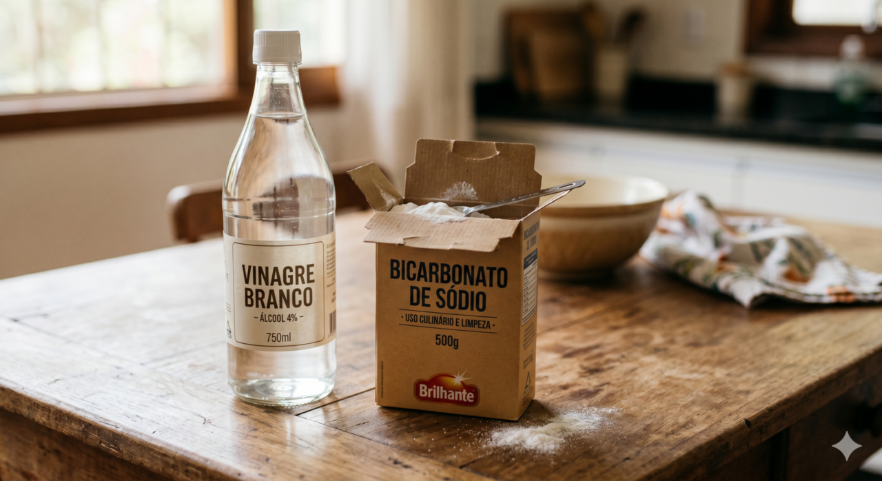 A reação química entre bicarbonato de sódio e vinagre branco e o uso estratégico desses produtos na limpeza da casa no Brasil
