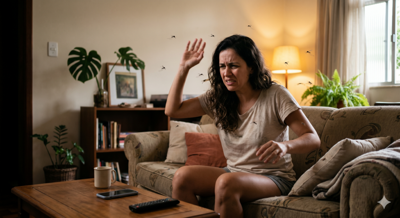 Mulher afastando mosquitos em sua sala de estar
