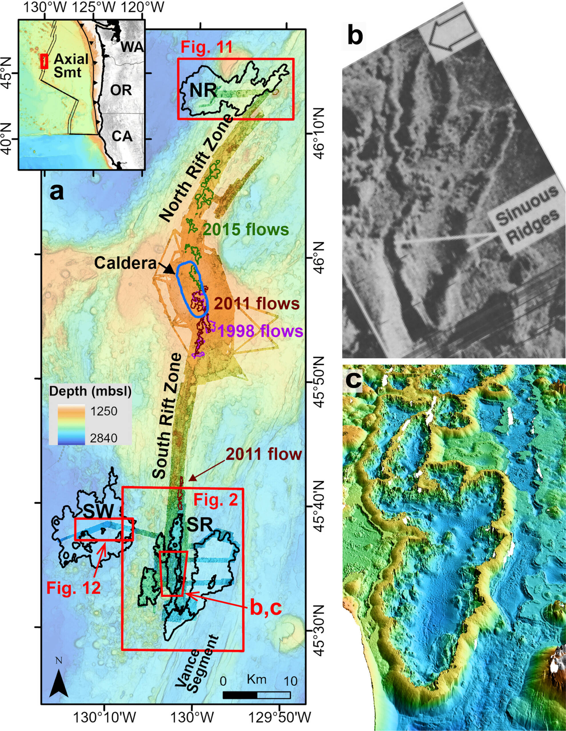(a) NR e SR estão nas zonas distais de rift norte e sul, e SW fica a oeste da SRZ (contornada em preto). Extensões das partes b e c e das Figuras 2, 11 e 12 são caixas vermelhas.