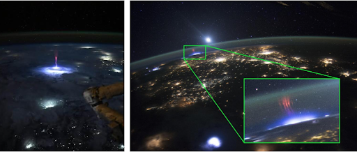 À esquerda: Evento de Jato Gigantesco da Estação Espacial Internacional, fotografado pela astronauta da NASA Nichole Ayers. (Crédito: Ayers) Direita: Evento de sprite aparecendo sobre um raio, visto do espaço. Esta foto foi tirada por astronautas a bordo da Estação Espacial Internacional durante a Expedição 44.