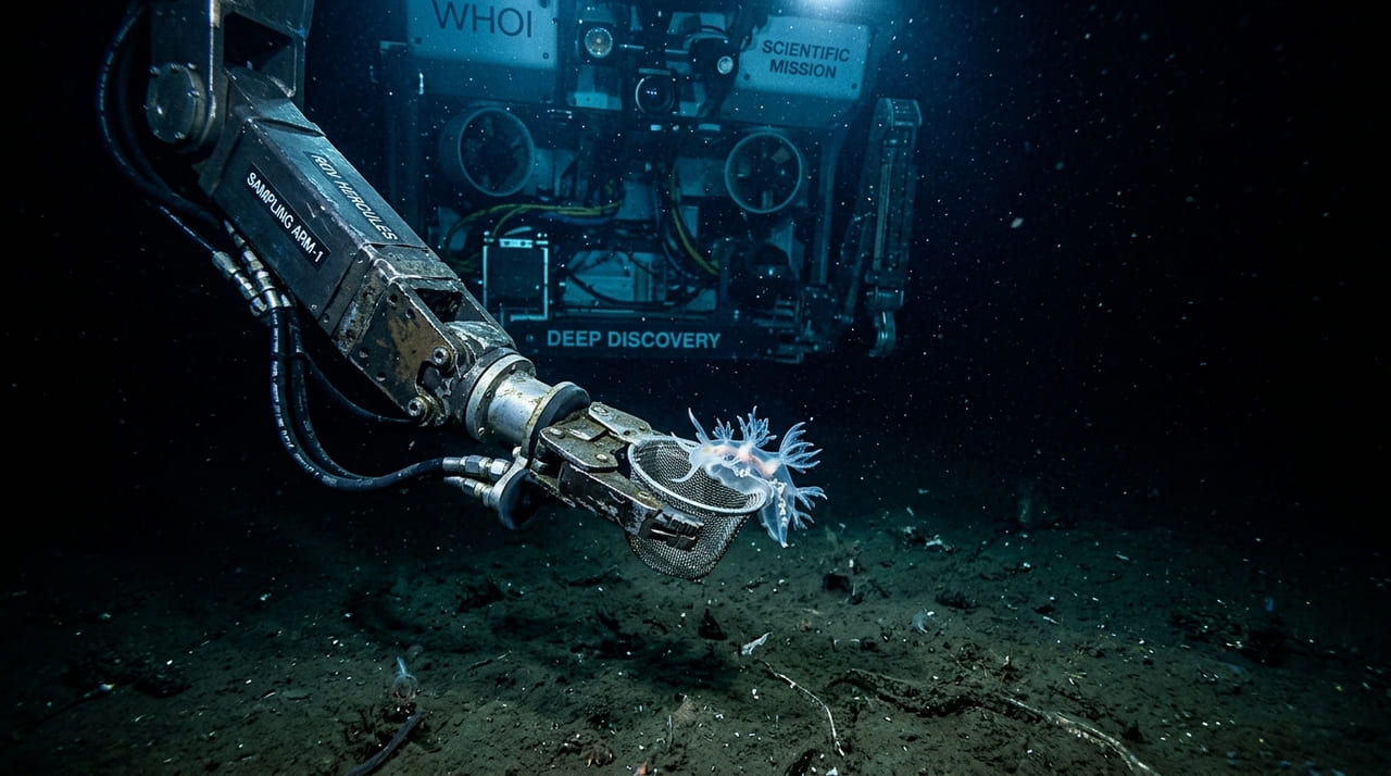 O novo molusco bioluminescente desafia convenções biológicas ao utilizar um capuz expansível para caçar em ambientes totalmente inexplorados.