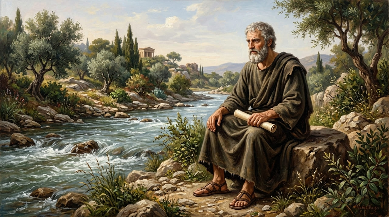 Heráclito propõe que a mudança é a única constante e que tudo no universo está em eterno movimento.