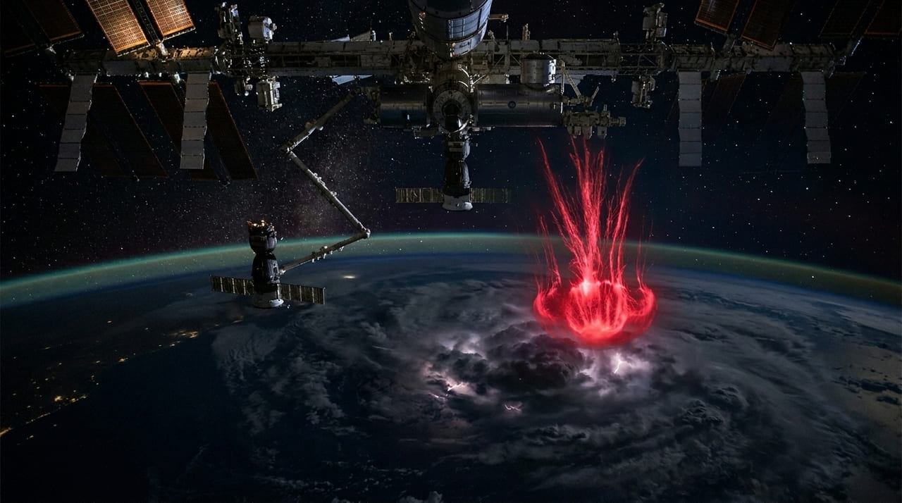 Astronautas fotografam da ISS um fenômeno elétrico vermelho explodindo acima de tempestades a altitudes de até 89 quilômetros (cerca de 55 milhas): um fenômeno que por décadas parecia nada mais do que uma lenda de piloto