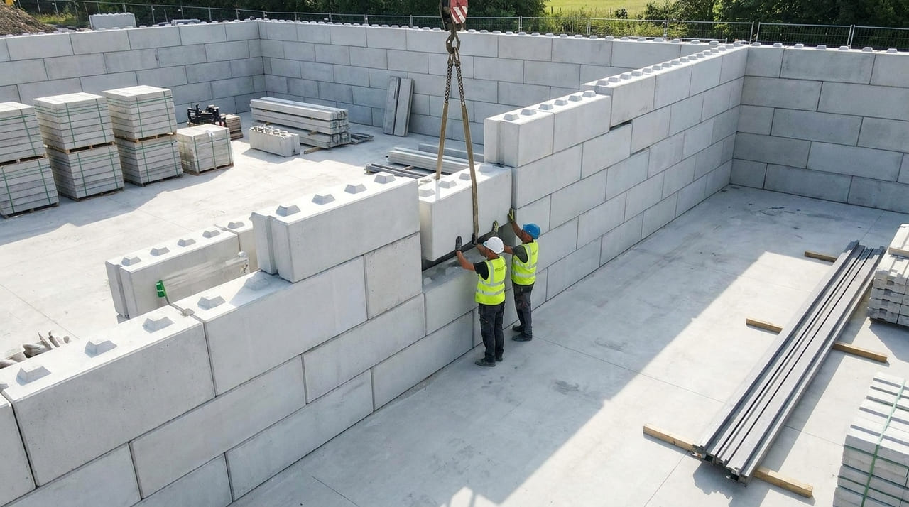 O sistema de encaixe intuitivo permite erguer paredes com velocidade cinco vezes superior aos métodos tradicionais de alvenaria.