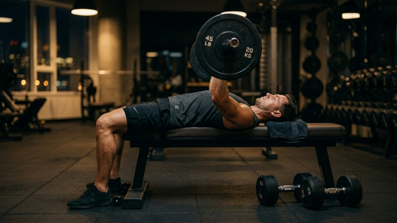 Esta imagem captura um momento inusitado e cômico de cansaço extremo. Um homem musculoso e visivelmente em boa forma é flagrado tirando um cochilo profundo, confortavelmente deitado de lado sobre um banco de supino acolchoado. Ele está usando roupas de treino (regata e shorts) e parece completamente alheio ao ambiente ao seu redor.