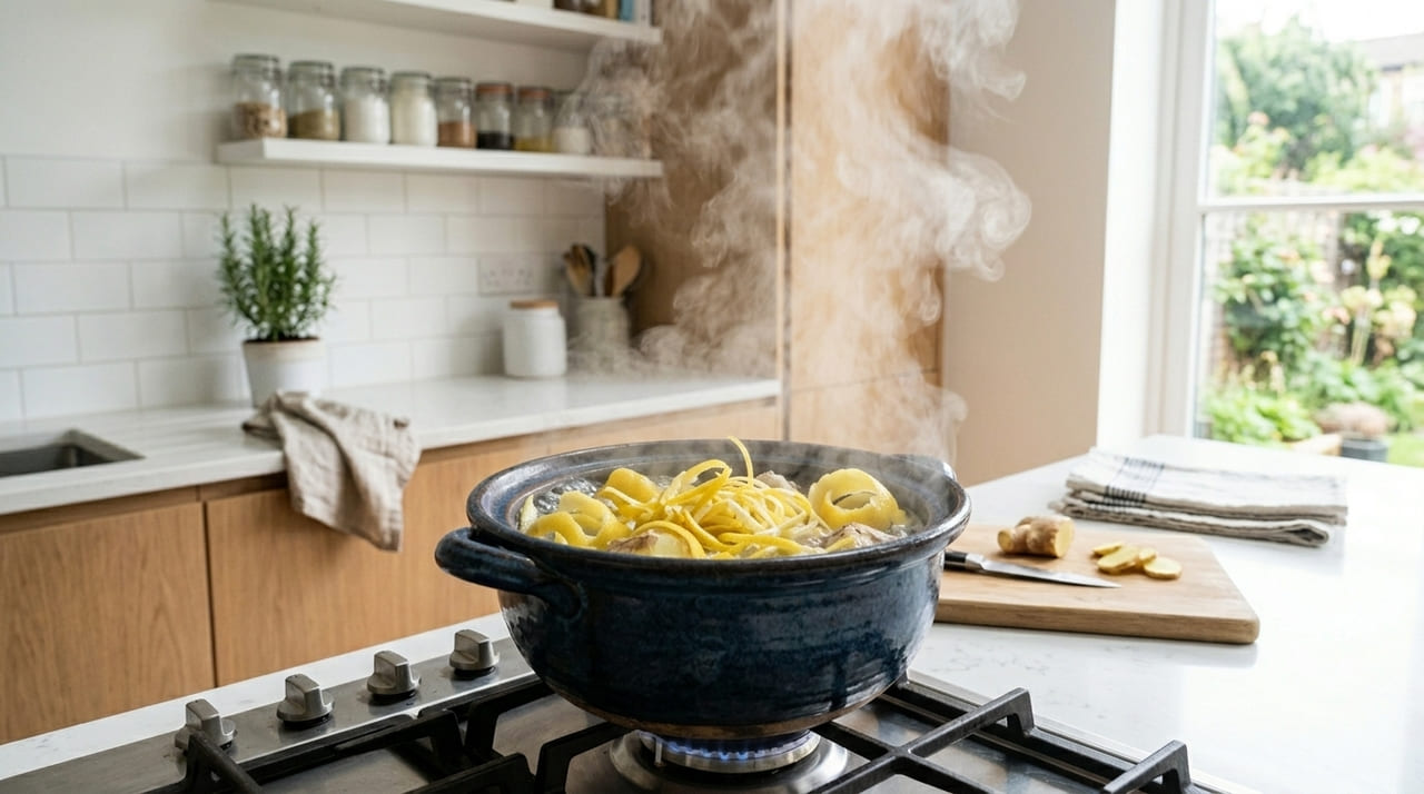 Ferver cascas de limão com gengibre libera óleos essenciais que fortalecem a imunidade e higienizam o ar naturalmente.