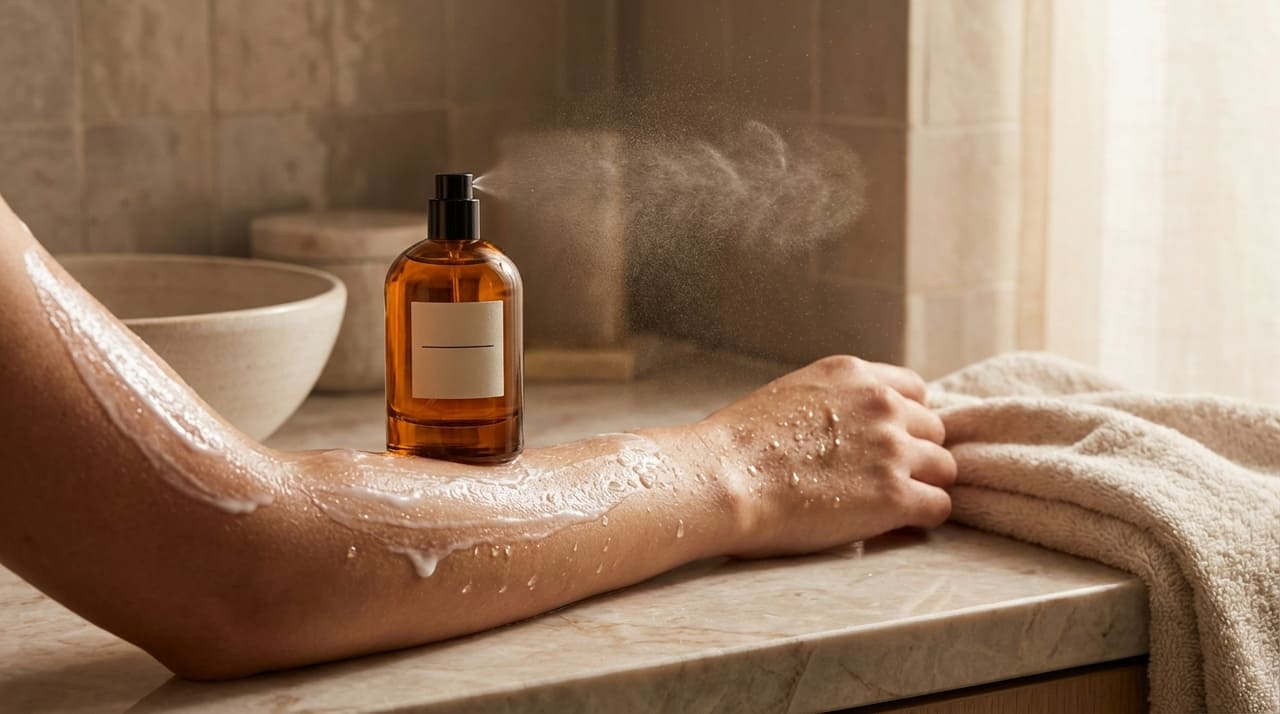 A aplicação de hidratante neutro cria uma base aderente que impede a absorção excessiva das notas olfativas pela pele. 