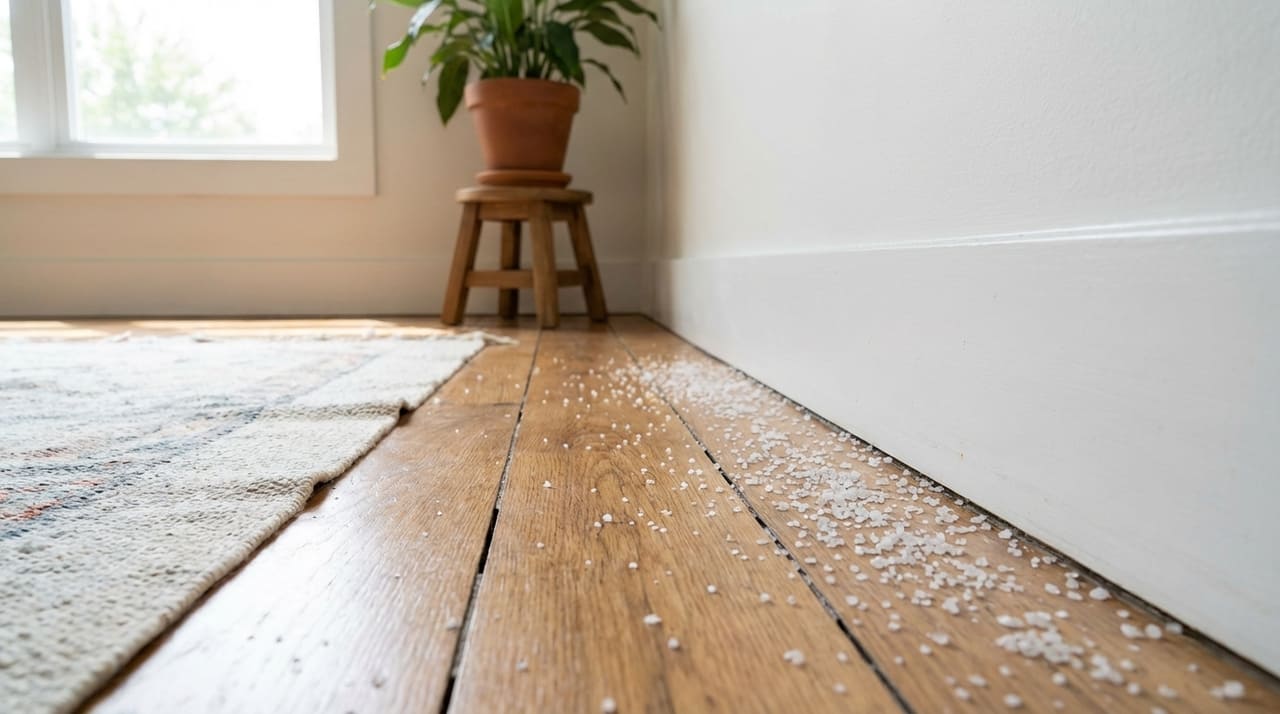 A aplicação de cloreto de sódio nos cantos neutraliza a estática e impede o acúmulo de poeira em locais de difícil acesso.