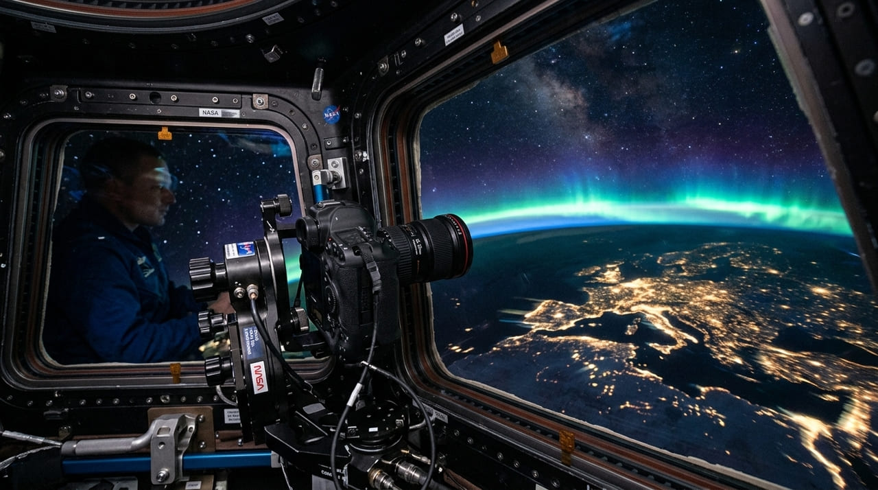 A técnica de exposição prolongada transforma o movimento da Estação Espacial em rastros luminosos que revelam a dinâmica do cosmos.