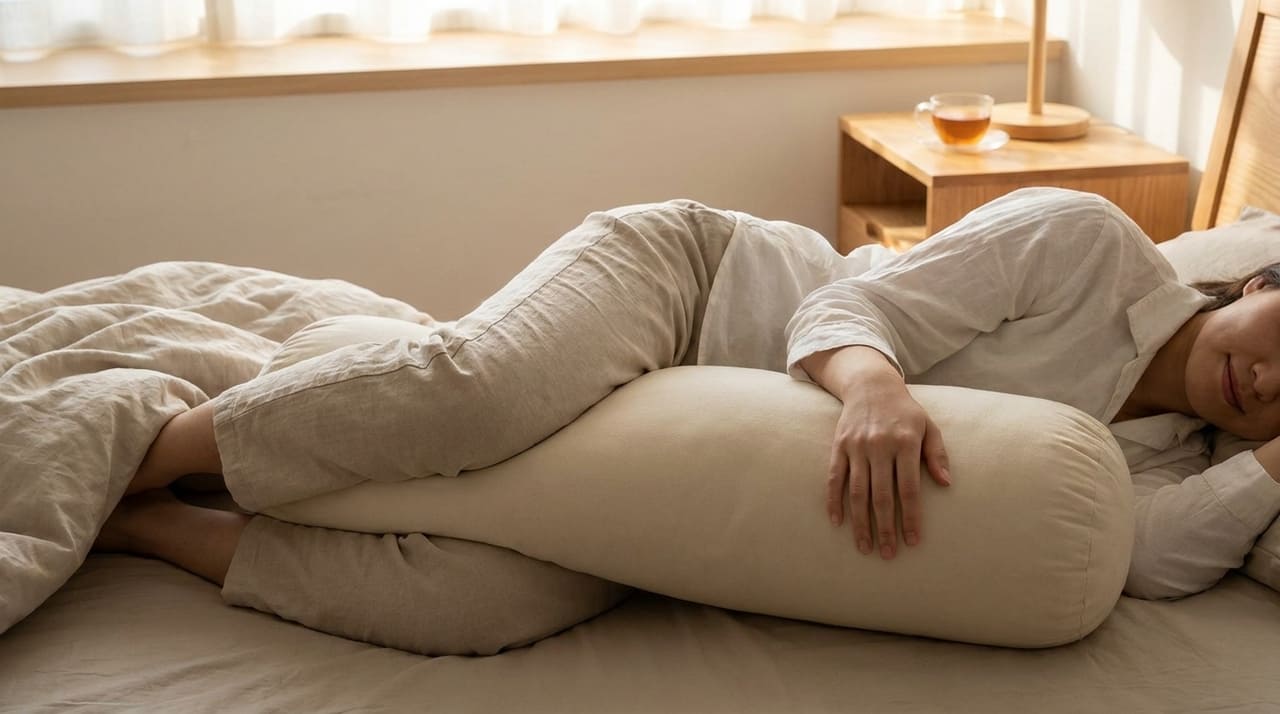 O uso de um travesseiro entre os joelhos mantém a bacia em posição neutra e evita tensões na região lombar.