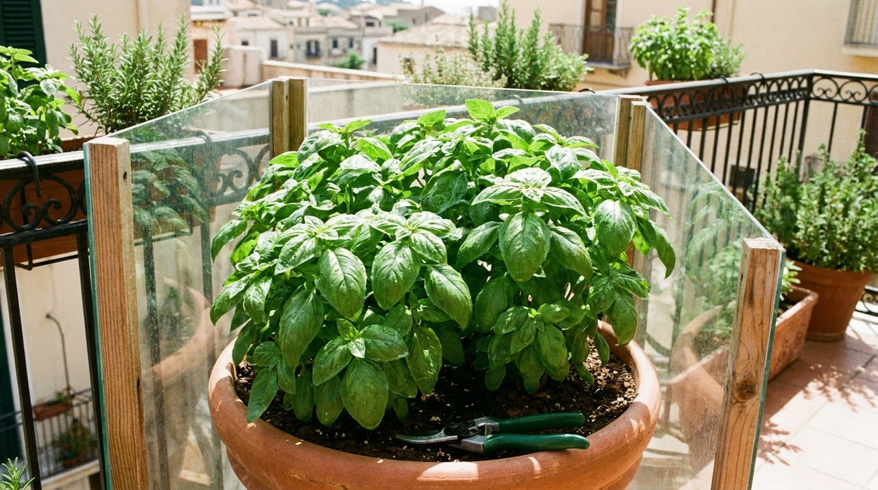 A proteção contra correntes de ar frio e o choque térmico são essenciais para manter o manjericão sempre verde e viçoso.