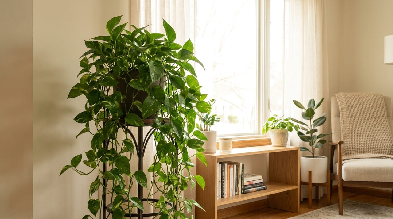 O posicionamento em luz indireta e o controle rigoroso da rega garantem que a jiboia mantenha sua folhagem vibrante.