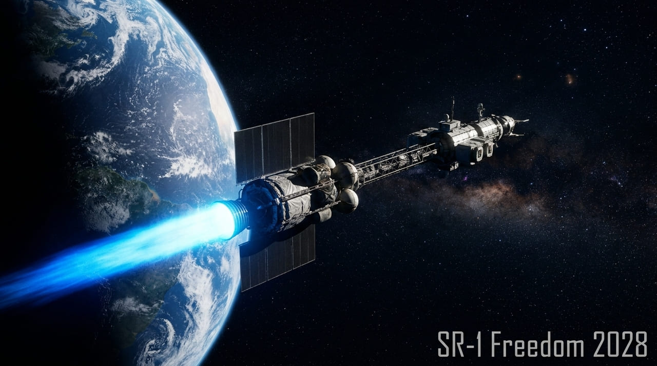 A nave utiliza propulsão nuclear para reduzir drasticamente o tempo de viagem até o planeta Marte.