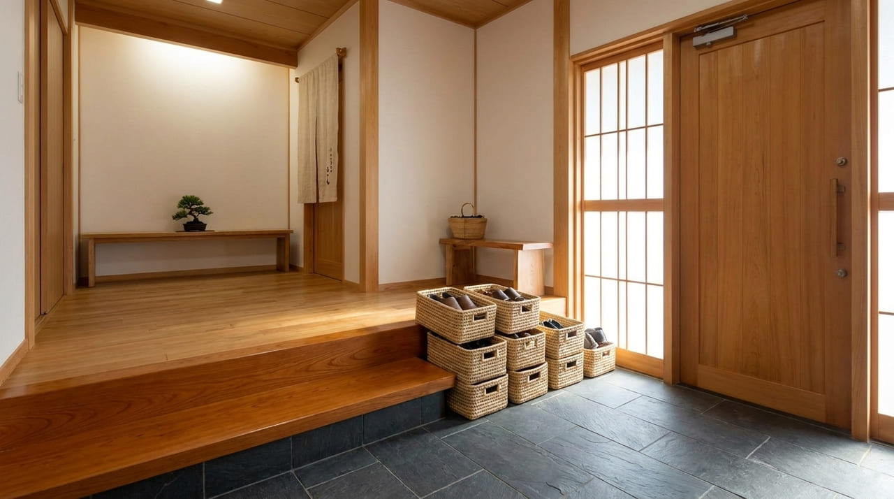 A implementação de uma área de transição na entrada impede que a sujeira da rua contamine o interior da residência.