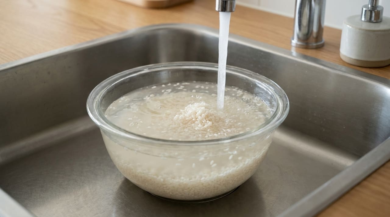 A lavagem repetida remove o excesso de amido superficial e garante uma textura leve e brilhante aos grãos.