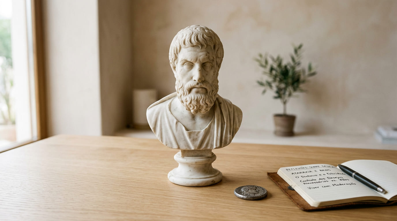 Close de uma mão organizando contas de forma tranquila ao lado de um livro de filosofia.