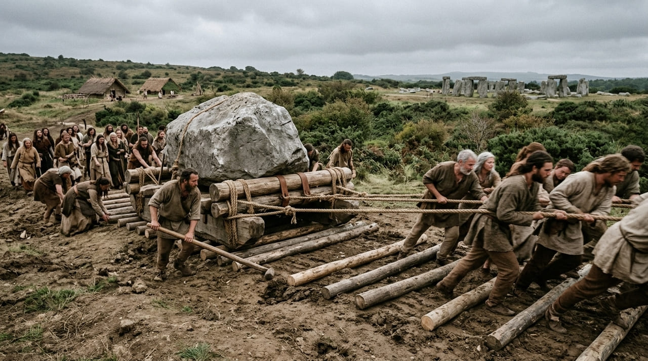 A movimentação do arenito vermelho sugere o uso de rotas marítimas e técnicas sofisticadas de engenharia para vencer obstáculos naturais milenares.