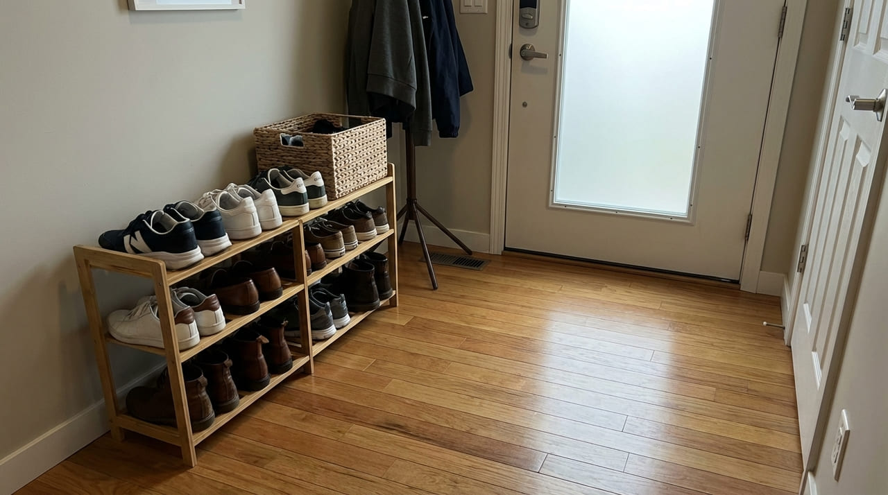 Manter a entrada organizada protege o interior da casa contra impurezas externas e facilita a rotina de higienização dos ambientes.