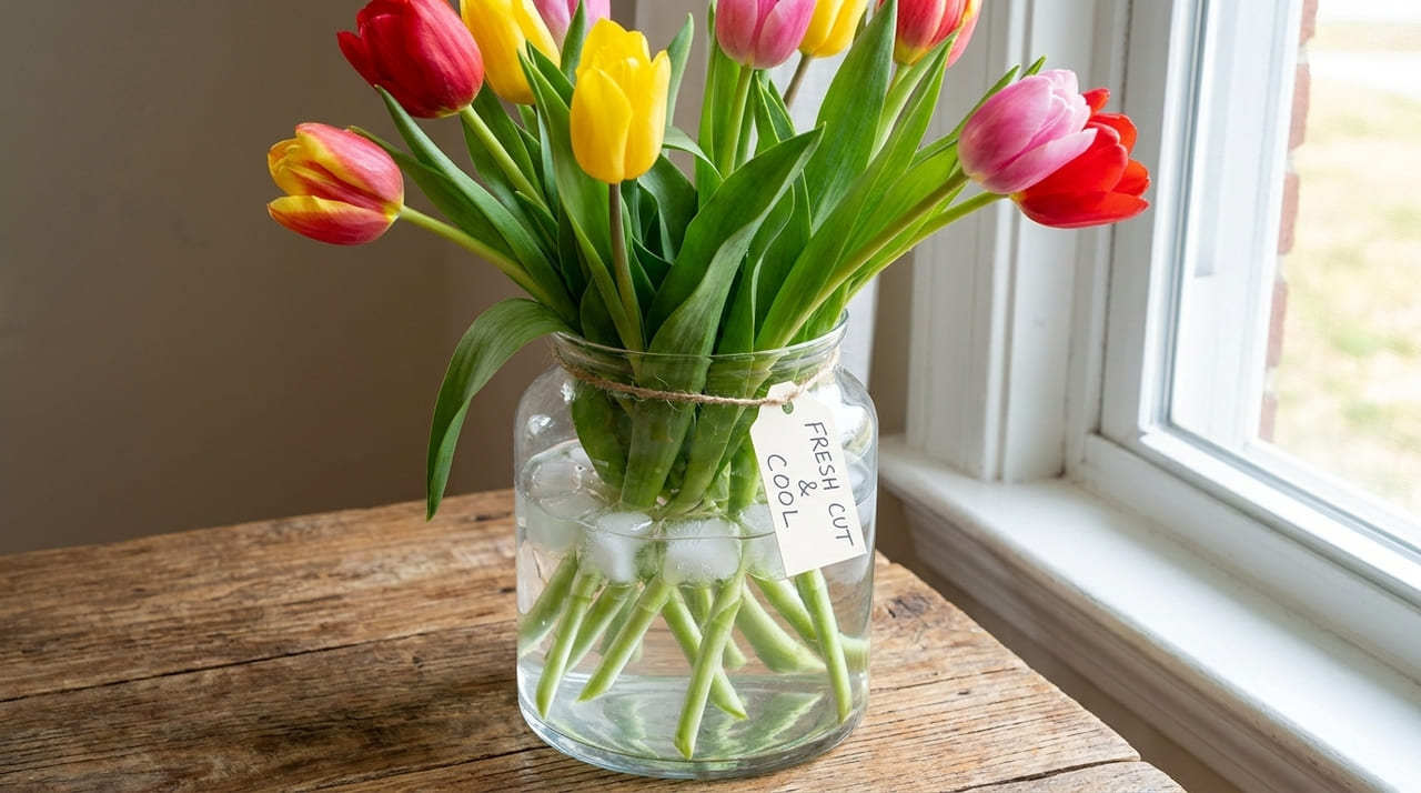 O controle da temperatura e o corte correto das hastes garantem que as tulipas permaneçam radiantes durante todo o seu jantar.