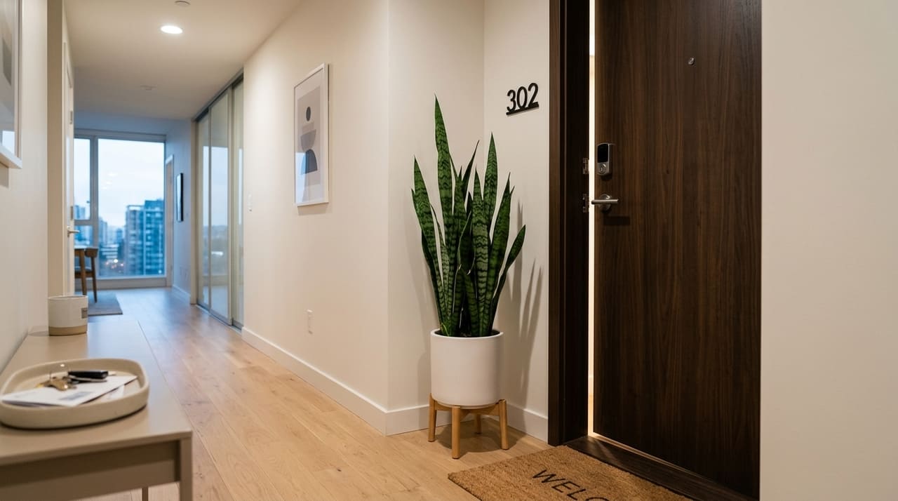 A planta atua como um filtro natural que purifica o ar e protege a energia do hall de entrada.