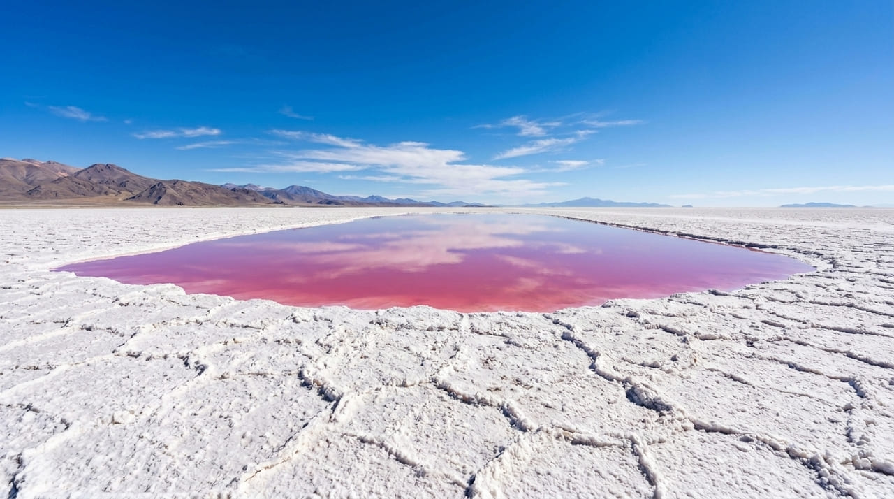 Localizada nas Salinas del Gualicho, a lagoa em formato de coração é o resultado da adaptação biológica de algas e bactérias ao solo salino.