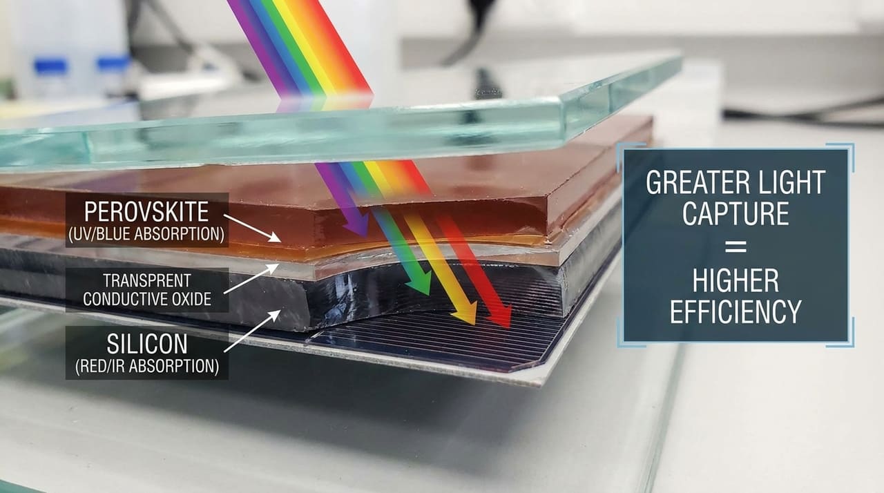 A arquitetura tandem combina silício e perovskita para maximizar a captura do espectro solar e garantir maior estabilidade no fluxo de eletricidade.