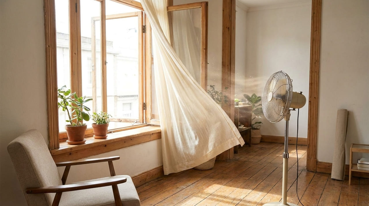 Posicionar ventiladores estrategicamente cria um túnel de vento que equilibra a temperatura interna sem gastar muita energia.