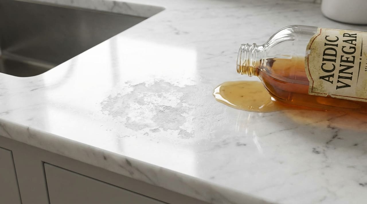 O uso de substâncias ácidas em pedras naturais pode causar corrosão irreversível e manchas profundas que comprometem o valor do imóvel.