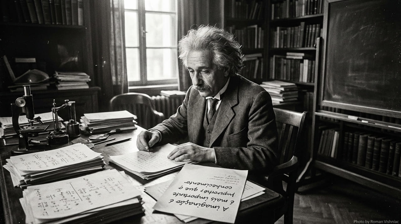 Albert Einstein defendia que a capacidade de imaginar precede o conhecimento técnico para impulsionar as grandes descobertas da humanidade.