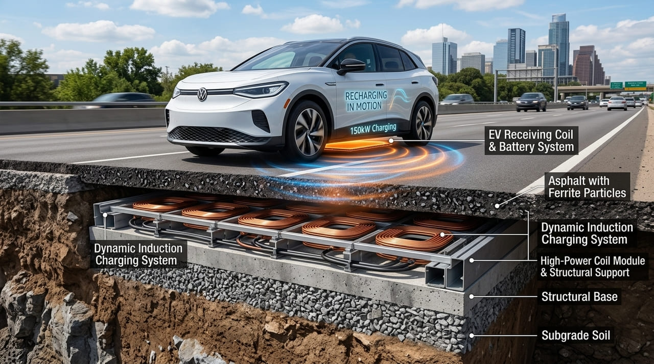 A integração de partículas de ferrita ao concreto permite o carregamento sem fio de veículos elétricos diretamente pelo pavimento.