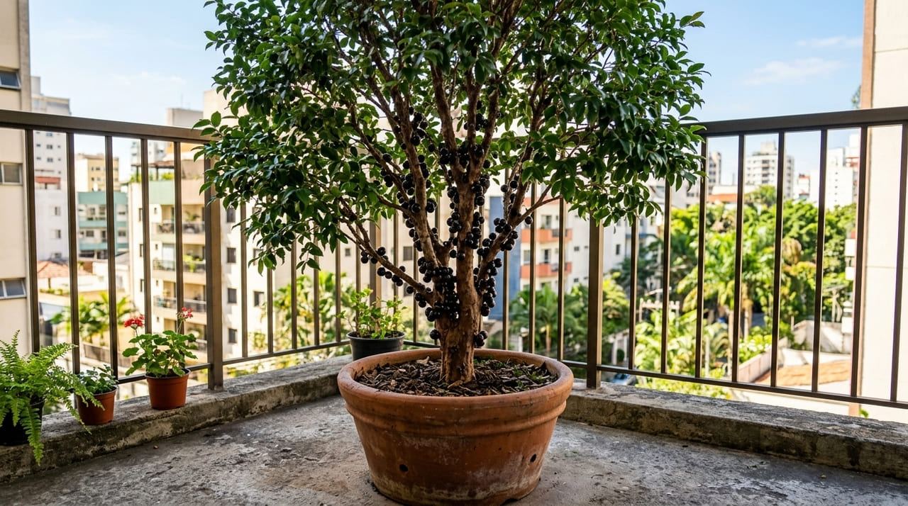 A jabuticabeira híbrida une a beleza ornamental com a praticidade de cultivar frutas em vasos para pequenos espaços.