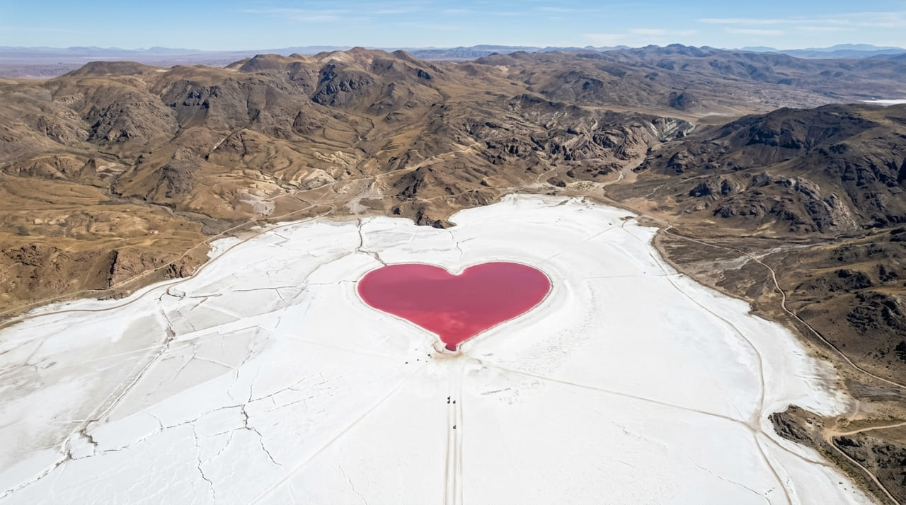 A Laguna del Amor deve sua coloração vibrante a micro-organismos que prosperam em ambientes de altíssima salinidade na província de Rio Negro.