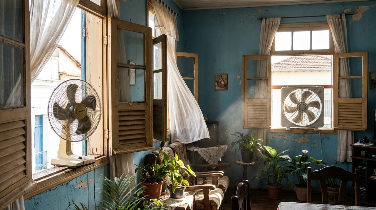 A ventilação cruzada utiliza aberturas opostas para renovar o ar e expulsar o calor acumulado nas paredes.