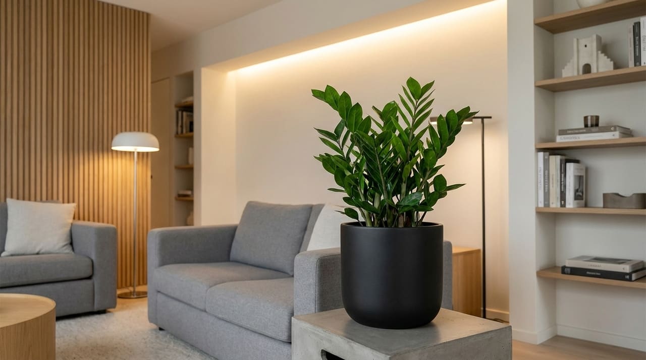 A zamioculca é a escolha ideal para ambientes urbanos por sua alta tolerância à baixa luminosidade e praticidade no manejo.