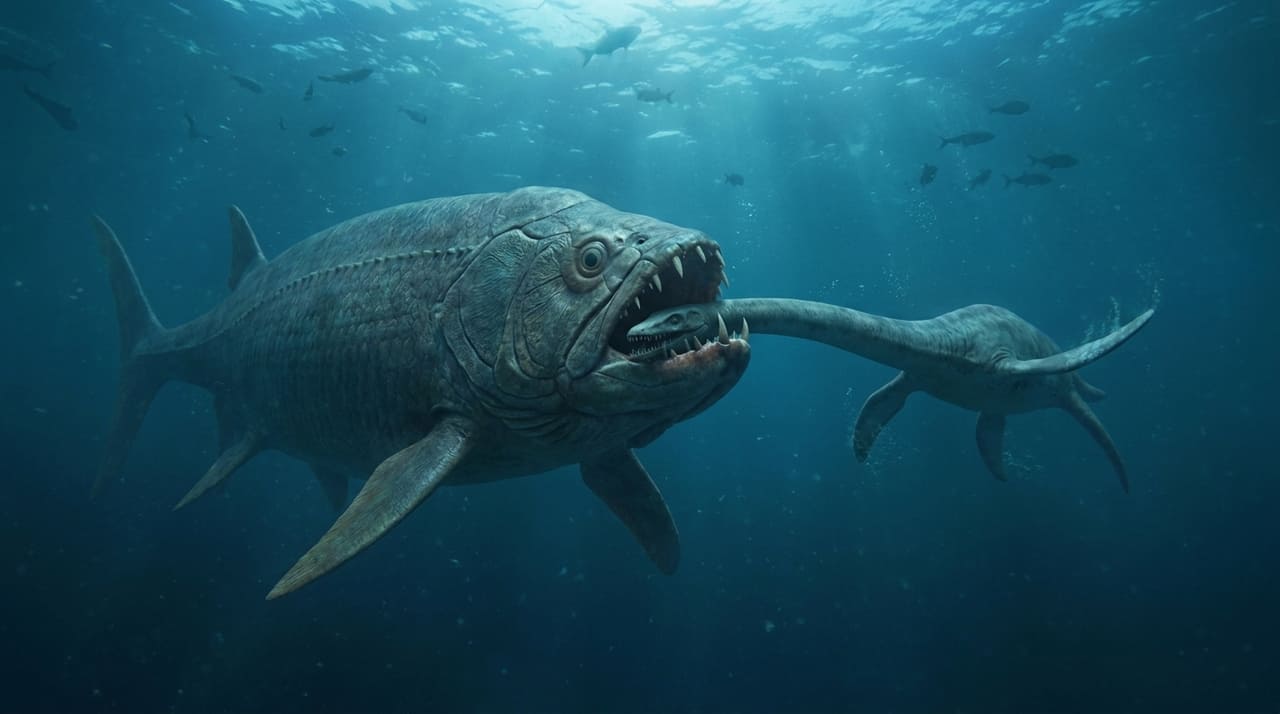 Um dente de peixe Xiphactinus encontrado em vértebras de plesiossauro revela a agressividade entre predadores pré-históricos.