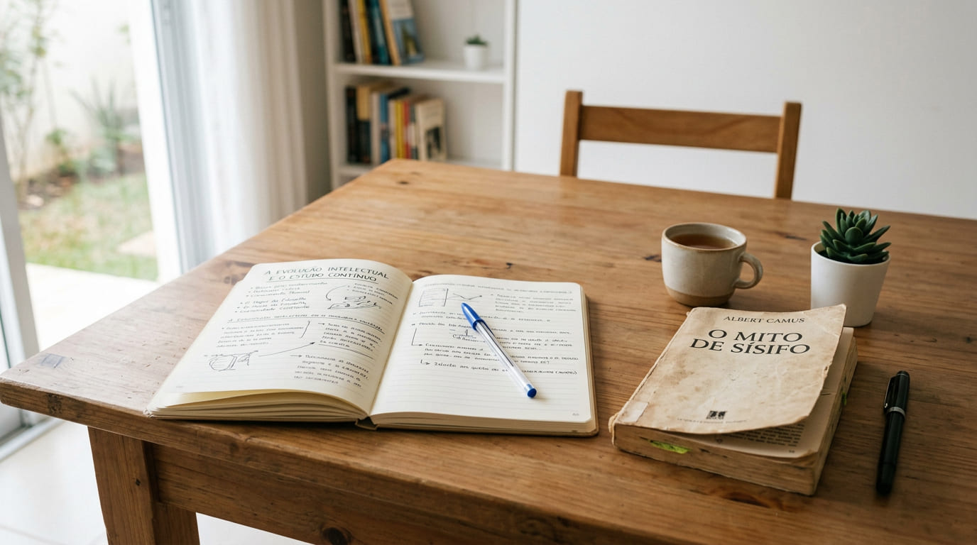 Close de um livro clássico aberto com óculos de leitura, simbolizando o estudo e a busca pelo saber.