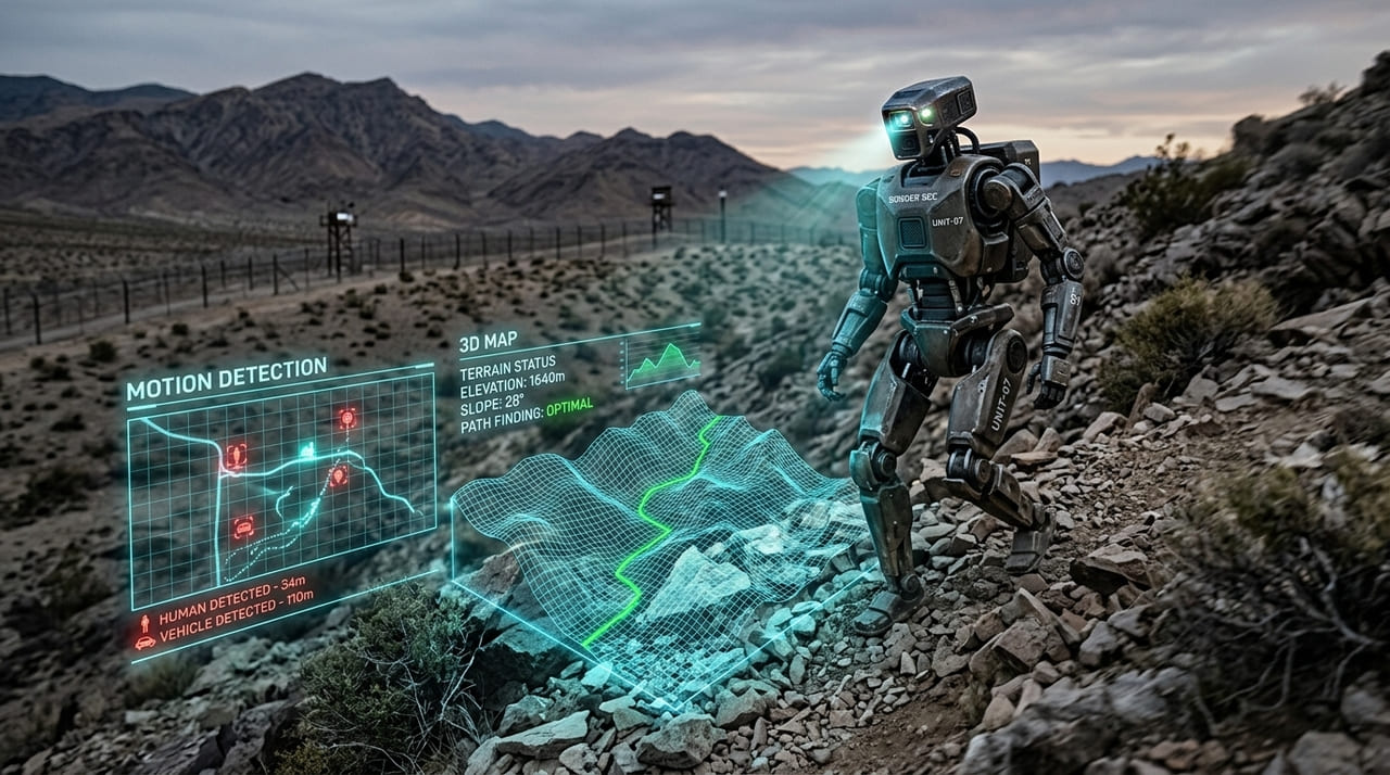 O uso de inteligência artificial e robótica avançada garante o monitoramento constante e preciso de perímetros críticos.