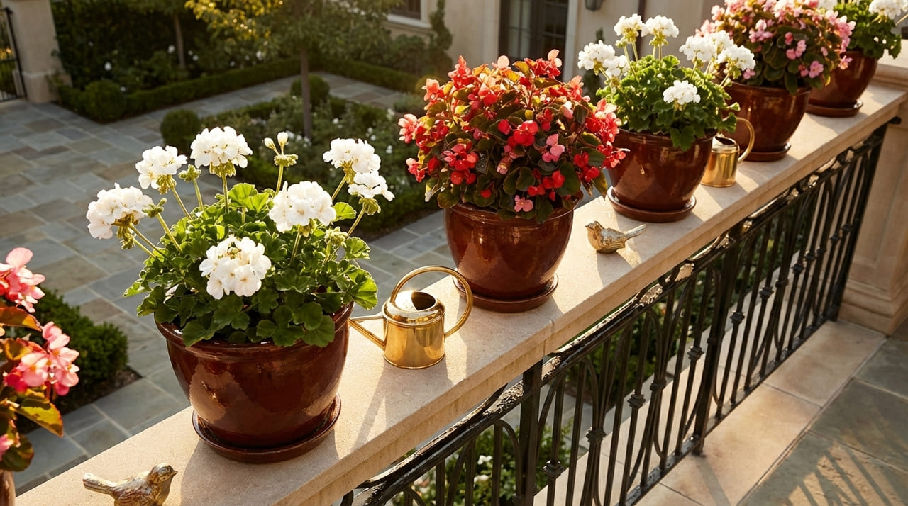 O uso de gerânios brancos cria um contraste luminoso que funciona como um alerta natural para afastar aves dos parapeitos.