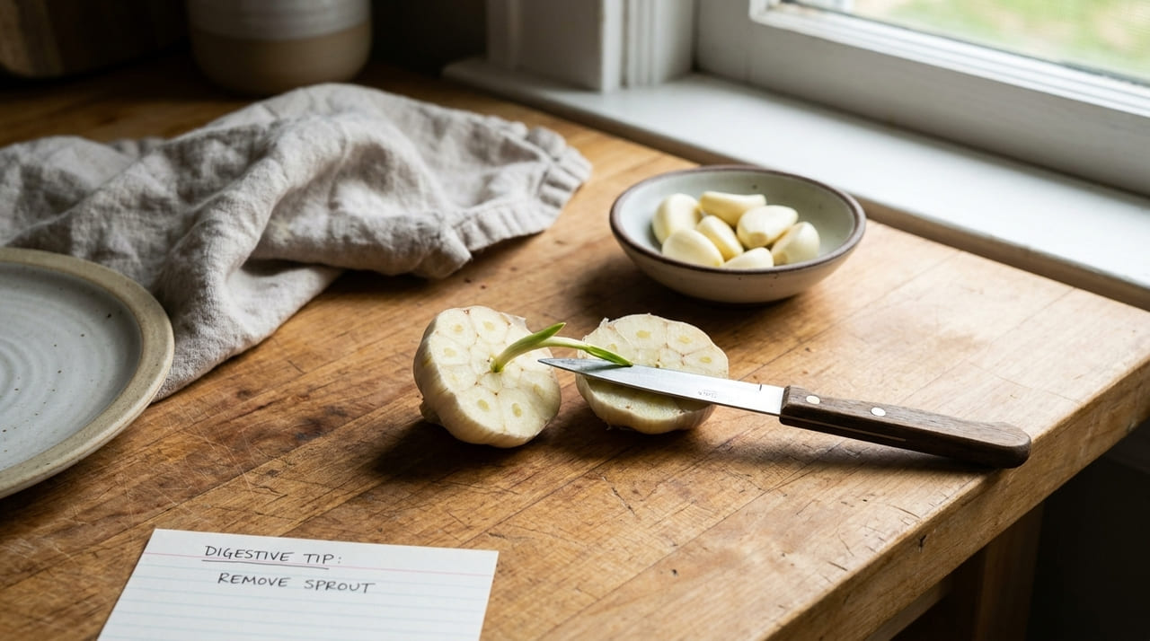Retirar o embrião central do alho reduz o desconforto gástrico e garante um hálito muito mais agradável.