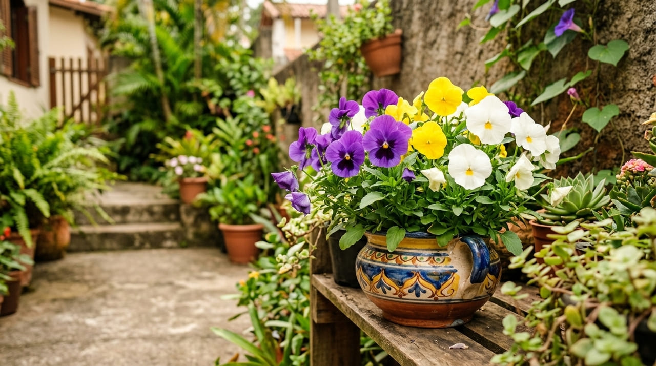 O Amor-perfeito e a Viola cornuta são escolhas ideais para o outono pois suportam geadas leves e florescem intensamente.