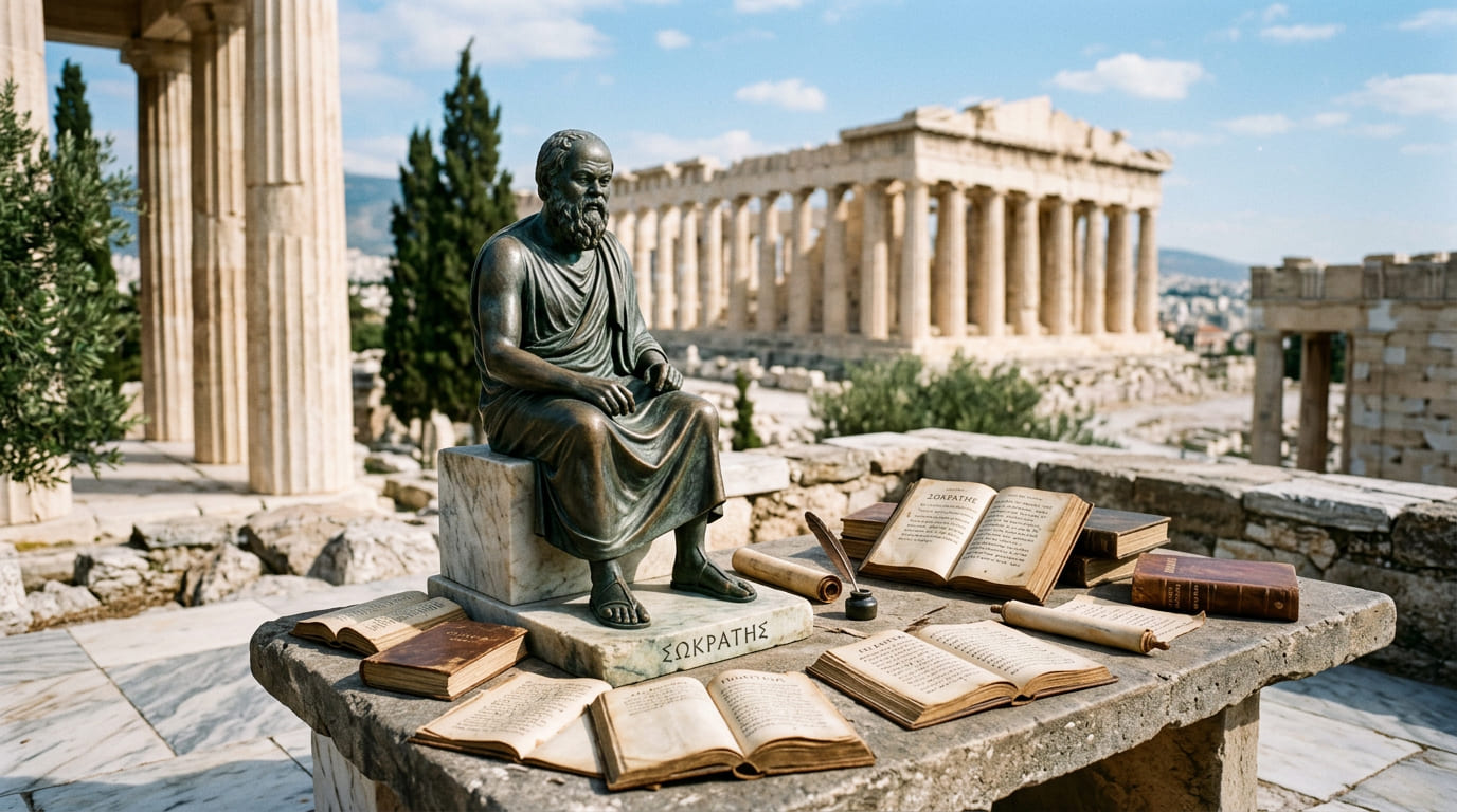 Representação artística de Sócrates ensinando Platão em um ambiente da Grécia Antiga.