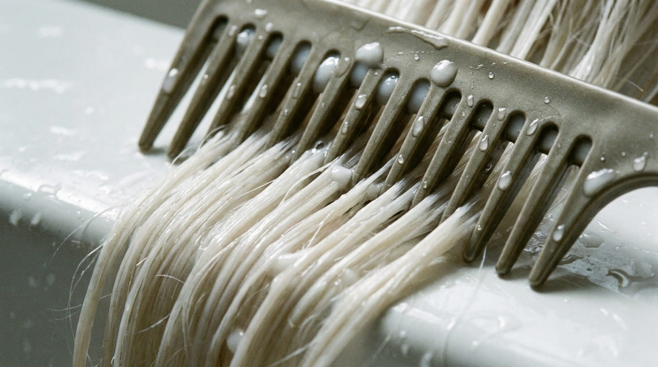 O uso de acessórios com cerdas flexíveis e largas reduz a tração mecânica e protege a estrutura frágil dos fios brancos.