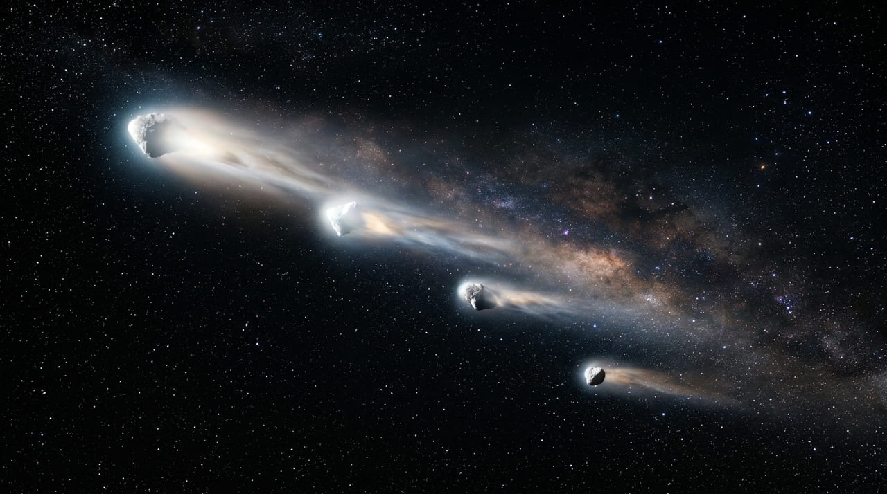 O Telescópio Espacial Hubble está rastreando os quatro fragmentos gelados do Cometa C/2025 K1 (ATLAS) enquanto eles viajam pelo espaço, enquanto um atraso intrigante de 48 horas no aumento do brilho está forçando os teóricos da Universidade de Auburn a repensar todas as suas hipóteses sobre a linha do tempo de sua desintegração