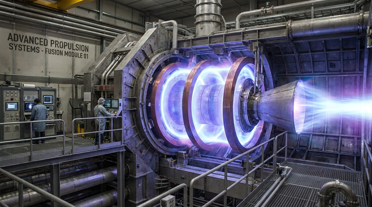 O sistema de fusão nuclear britânico utiliza plasma superaquecido para reduzir drasticamente o tempo das viagens interplanetárias.