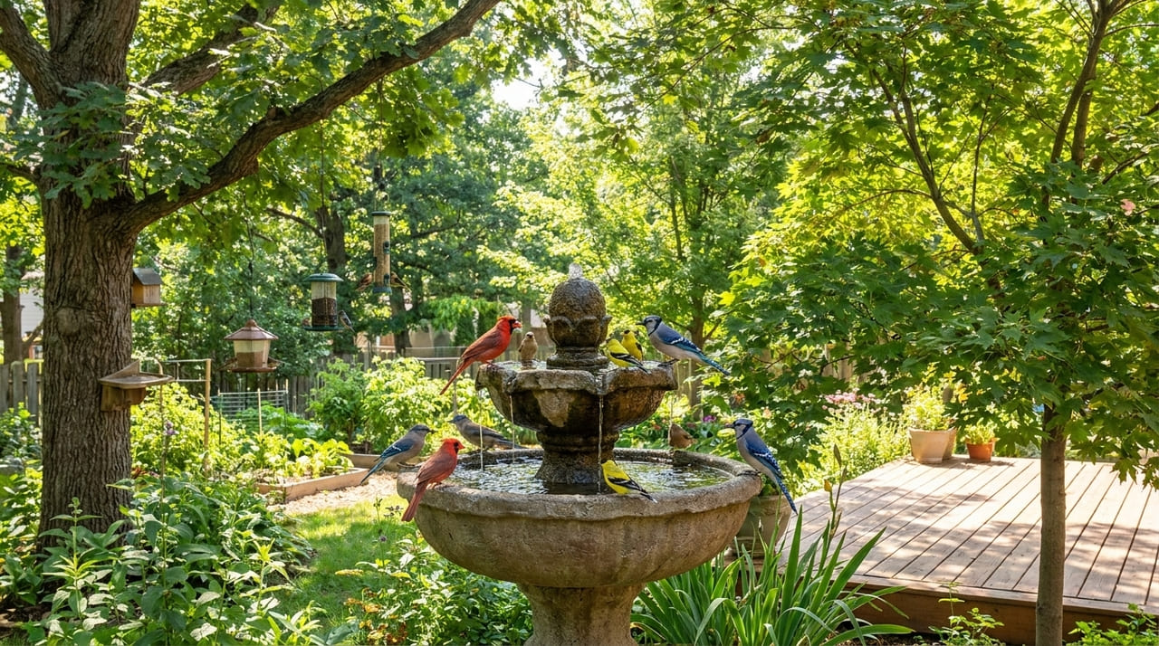 A presença de pássaros no jardim indica que o ecossistema residencial está saudável e livre de substâncias tóxicas.