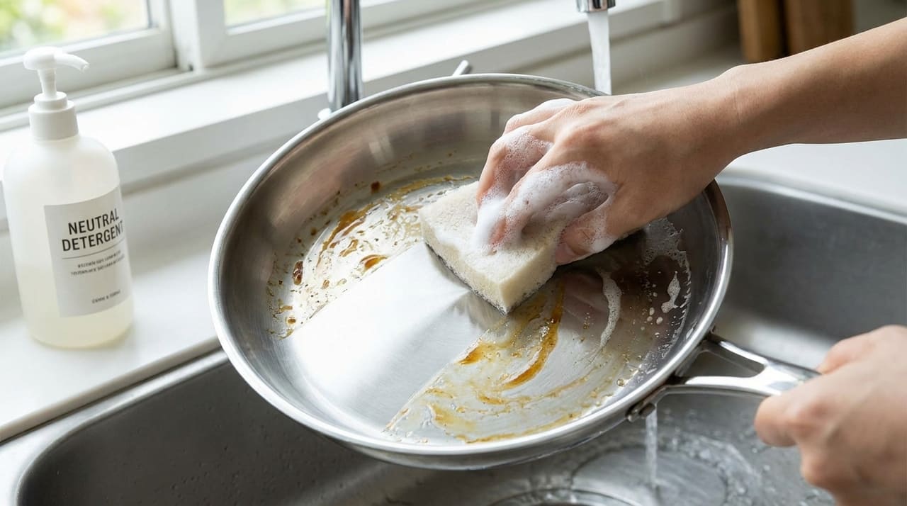 Evitar o uso de palha de aço é essencial para manter a camada protetora e o aspecto espelhado das panelas.