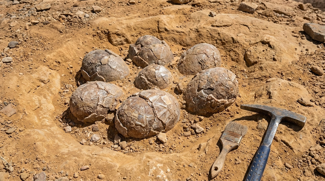 O achado acidental de um esqueleto de titanossauro e dezenas de ovos revela detalhes inéditos sobre a vida e a reprodução no período Cretáceo.