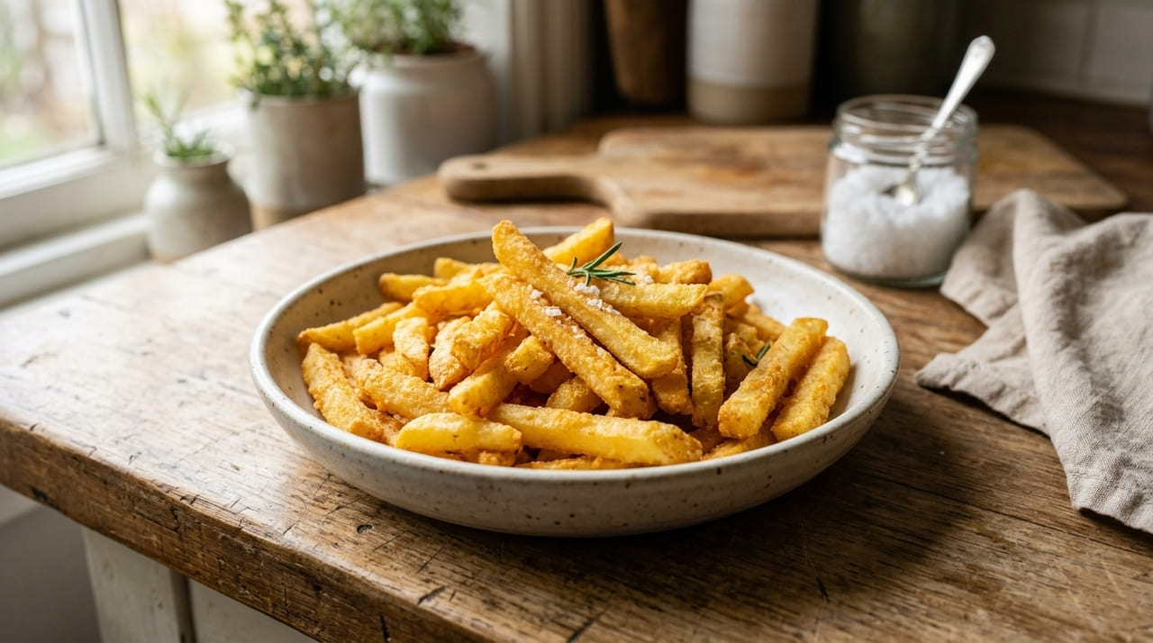 O uso do vinagre no pré-cozimento fortalece a estrutura da batata e impede que ela absorva óleo em excesso.